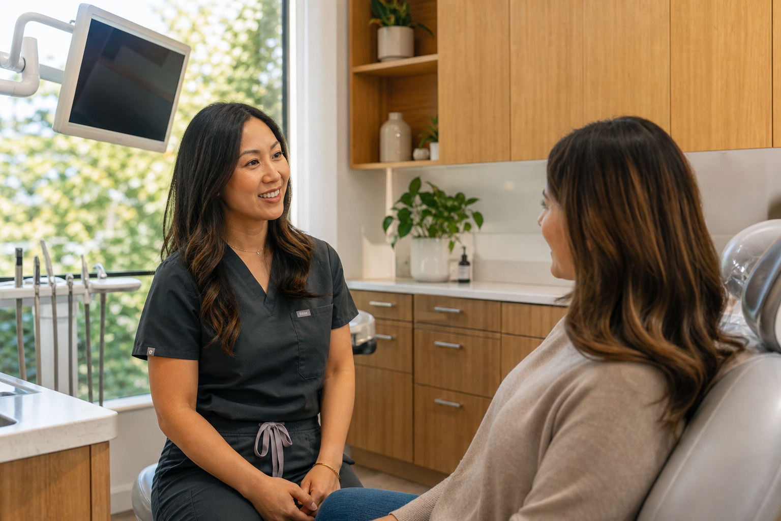 An American dentist speaking with a patient in her practice