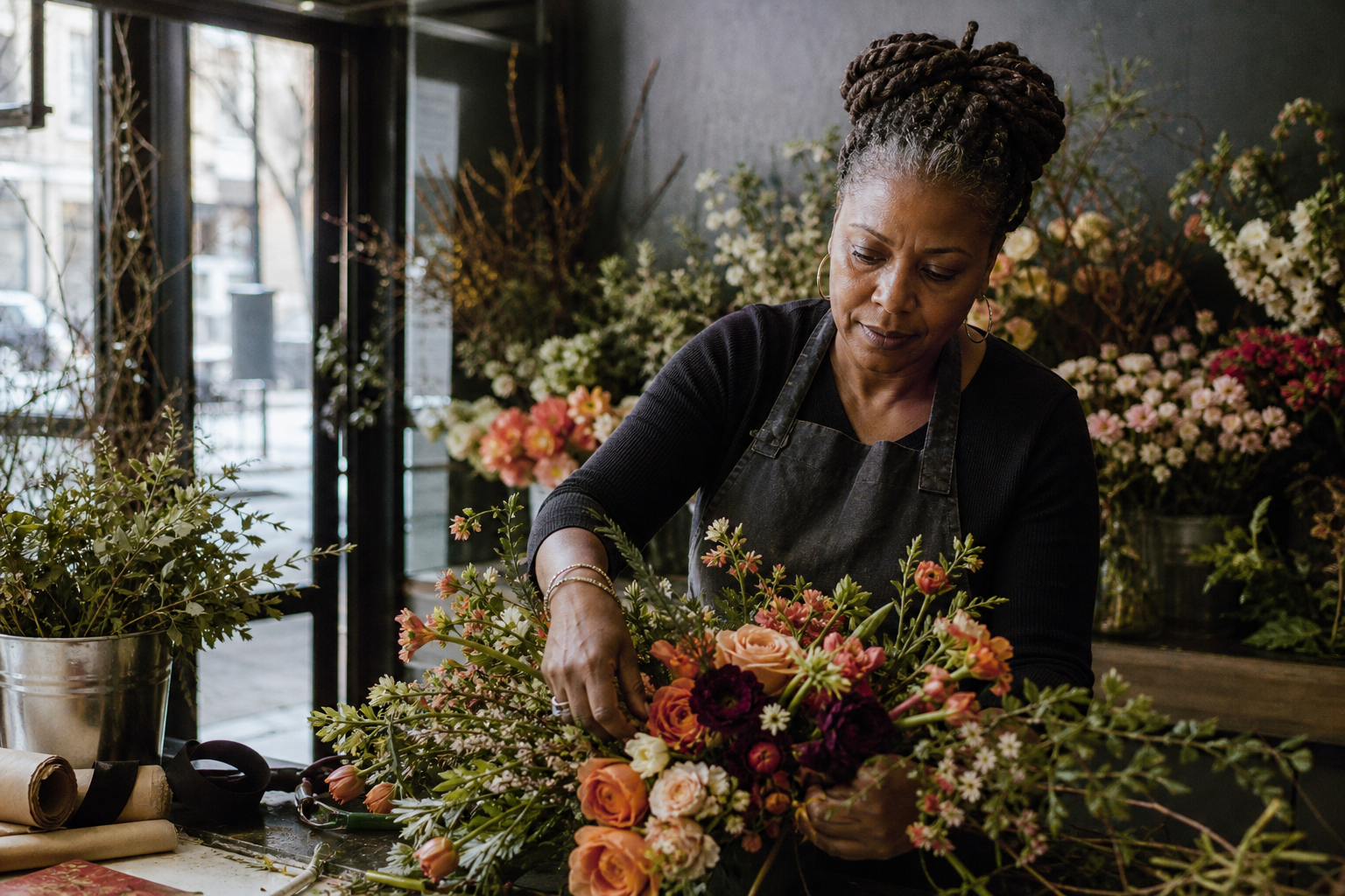 An American florist arranging flowers in her shop