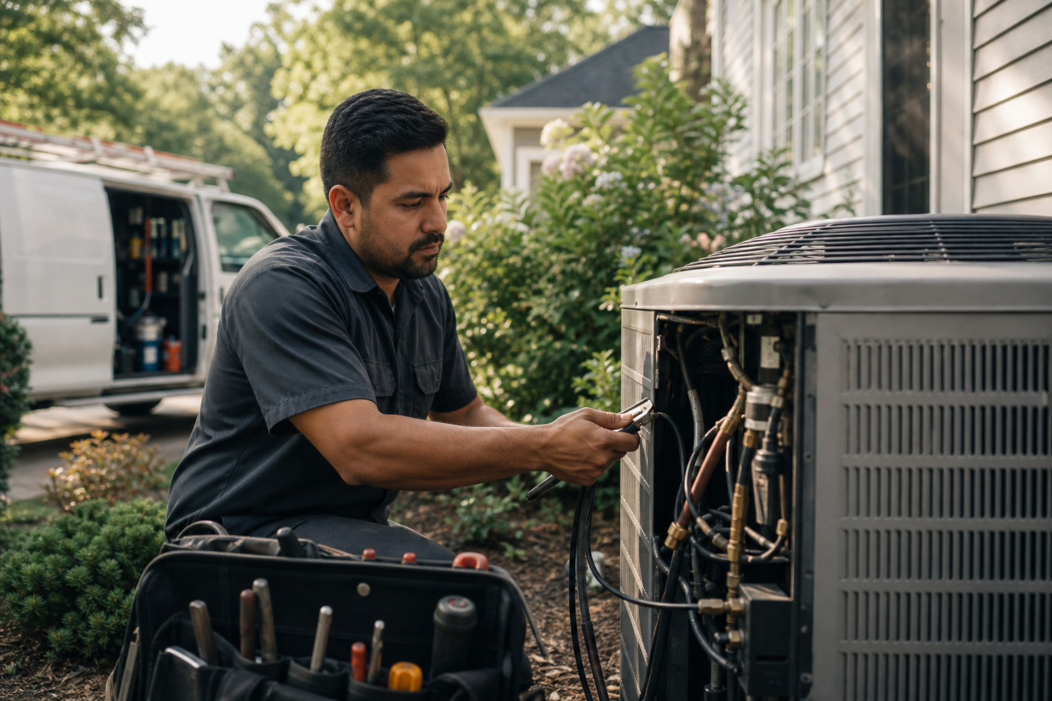 An American HVAC technician servicing a residential heat pump