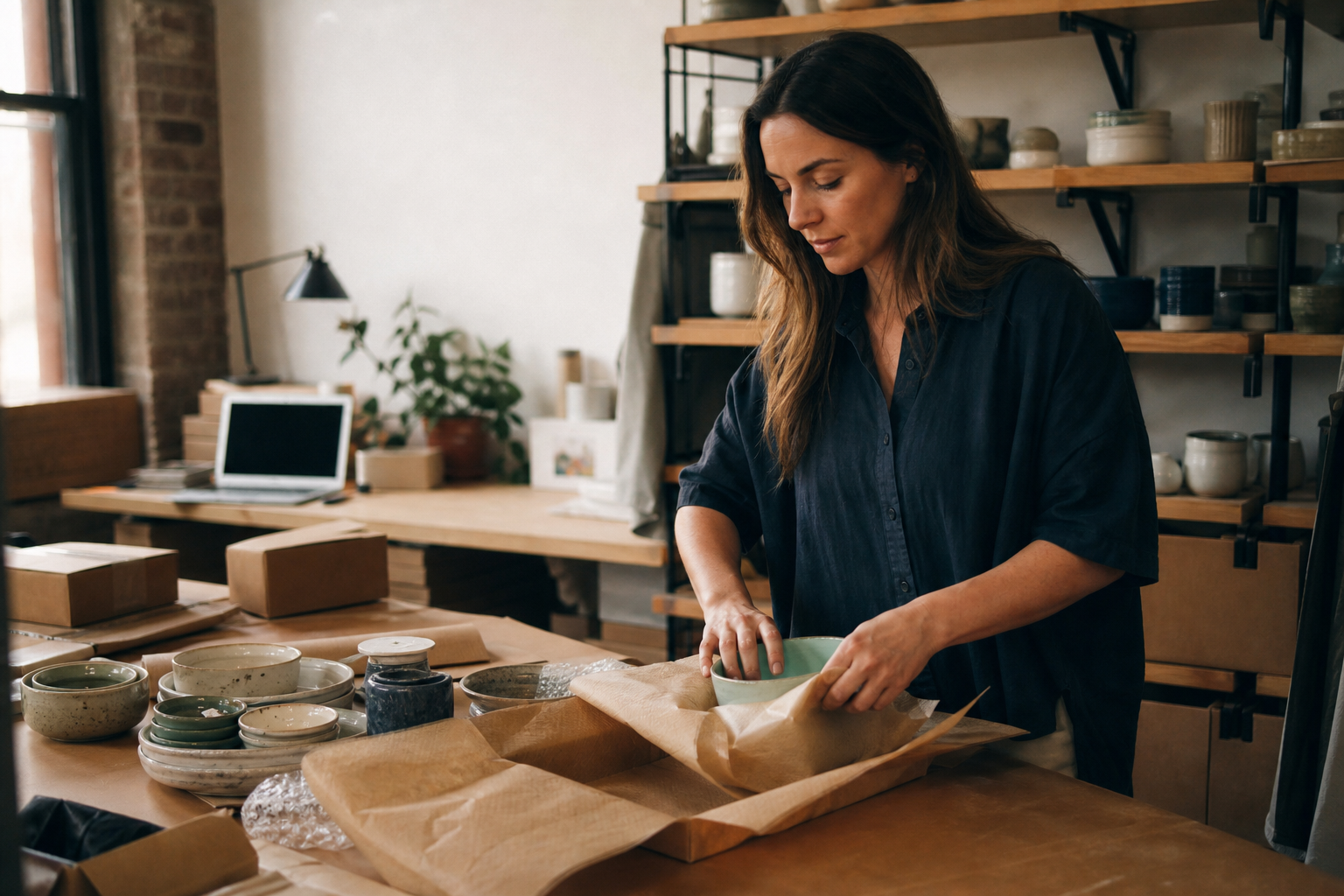 An American online shop owner packing a ceramics order in her studio